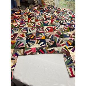 Antique Handmade Pieced Patchwork Crazy Quilt Top Handsewn DAMAGED CUT READ